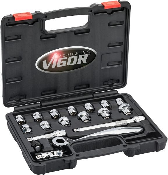 VIGOR dopsleutelset, superplat, hol vierkant 10 mm (3/8 inch), buitenzeskantprofiel, 8 - 22, aantal gereedschappen: 18, V6202