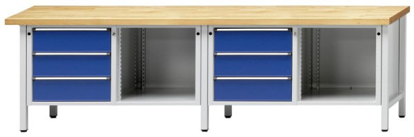ANKE kastwerkbank; 2 werkplekken; 2800x700 mm; RAL 7035/5010; Links 3 laden 180 mm; Rechts open onderwerp