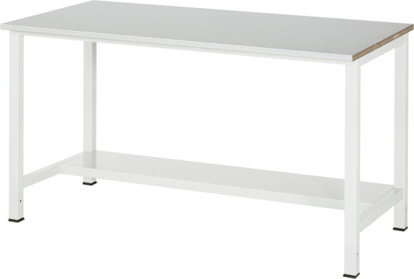 RAU werktafel serie 900, B1500 x D800 x H825mm, werkblad met RVS plaatbekleding, dikte 25mm, met planchet onder, diepte 320mm, 03-900-3-ES25-15.12
