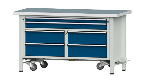 ANKE werkbanken kistwerkbank, model 255 V, 1500 x 700 x 840 mm, RAL 7035/5010, UBP 40 mm, met neerlaatbaar mobiel apparaat, 304.212