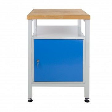 ADB smalle werkbank met 1 deur en plank, afmetingen: 600x600x840mm (BxDxH), kleur werktafel: grijs, RAL 7035, kleur deur: lichtblauw, 41937