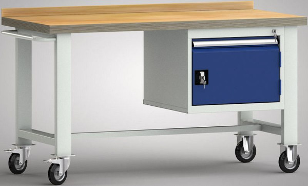 KLW mobiele standaard werkbank 1500 x 700 x 840 mm L x B x H, met beuken multiplex paneel 1500 x 700 x 40 mm, WS812N-1500M40-E7024
