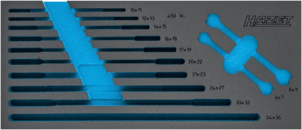 Hazet 2-componenten zachtschuim inleg, voor 163-519/12 Afmetingen / lengte: 392 mm x 172 mm Organisatiesysteem maat: 1/3+ (172 x 392 mm), 163-519L