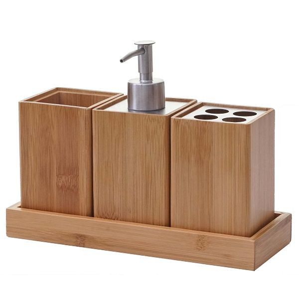 Mendler 4-delige badkamerset HWC-B85, badkamerset badkameraccessoires zeepdispenser tandenborstelhouder, bamboe, 60733