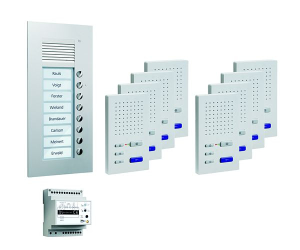 TCS deurbedieningssysteem audio: pack UP voor 8 wooneenheden, met buitenstation PUK 8 belknoppen, 8x handsfree luidspreker ISW3030, bedieningseenheid BVS20, PPUF08-EN / 02