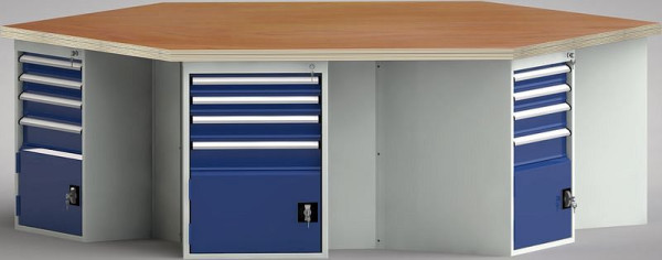 KLW PROFI werkbank in zeshoekige vorm met beuken multiplex blad in zeshoekige vorm 2338 x 2700 x 45 mm L x B x S, WP620N-1350M45-E8009