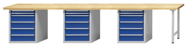 ANKE combinatie werkbank; 3 werkplekken; 4050x700mm; 3x onderkast 660x615 mm, 6 laden 60, 60, 150, 150, 150, 150 mm