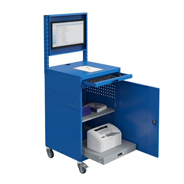 SOFAME computerkast MODULINFO 695 x 660 x 1005 met kantelbare monitorbehuizing en uittrekbaar plankje op wielen, hemelsblauw RAL 5015, W040010030BIGC