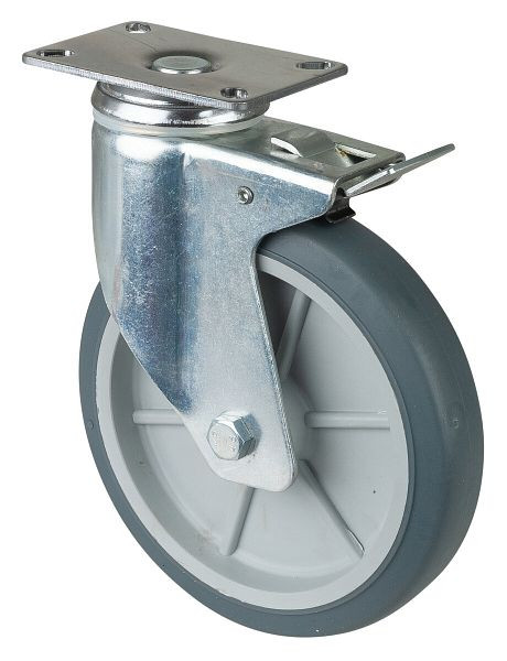 BS-wielen Zwaar apparatenwiel met rem, breedte 32 mm, Ø150 mm, tot 100 kg, grijs rubber, kunststof behuizing, glijlager, plaat, C120.A80.151