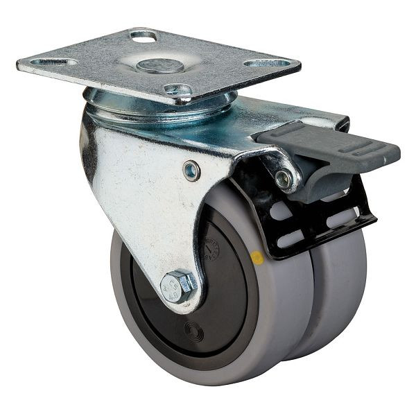 BS-rollen Apparaat dubbele rol met rem, breedte 2x24 mm, Ø75 mm, 80 kg, grijs rubber, elektrisch geleidend, kogellager, VE 2 stuks, B120.A89.075