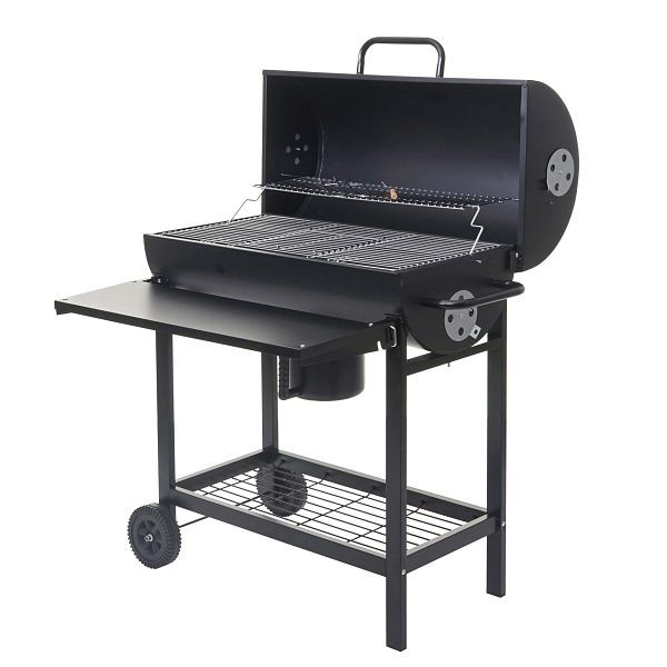 Mendler grillwagen HWC-F70, houtskoolgrillstandaard grill tuingrill met dekselplank, staal 103x93x70cm zwart, 70351