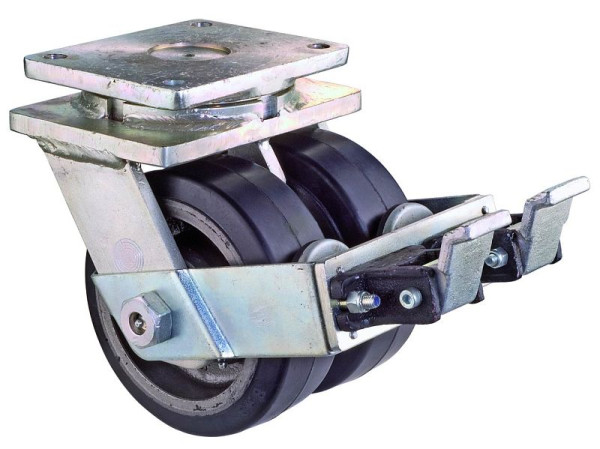BS Rollen Zware dubbele zwenkwiel met wiel/slot, B2x75 mm, Ø200 mm, tot 1100 kg, zwarte elastische banden, gegoten lichaam, kogellagers, S120.B81.200