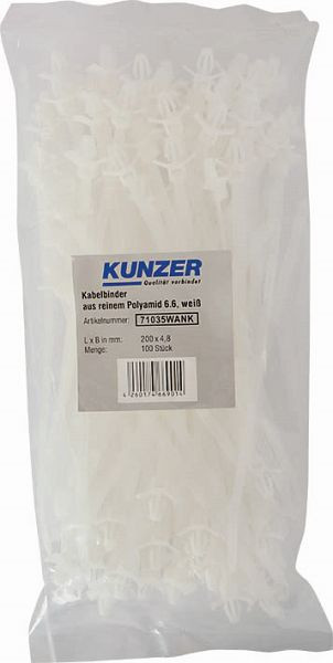 Kunzer kabelbinders 200 x 4,8 wit (100 stuks) met anker, 71035WANK