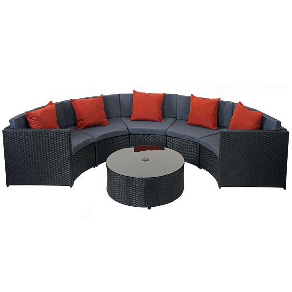 Mendler ronde poly rotan set HWC-E17, tuinset, zwart, donkergrijze bekleding, terracotta kussens, 65118+65119+65120