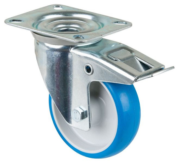 BS rollen transportrol met rem, breedte 30 mm, Ø100 mm, tot 125 kg, polyurethaan blauw, rollager, plaat, VE 2 stuks, L420.B36.100