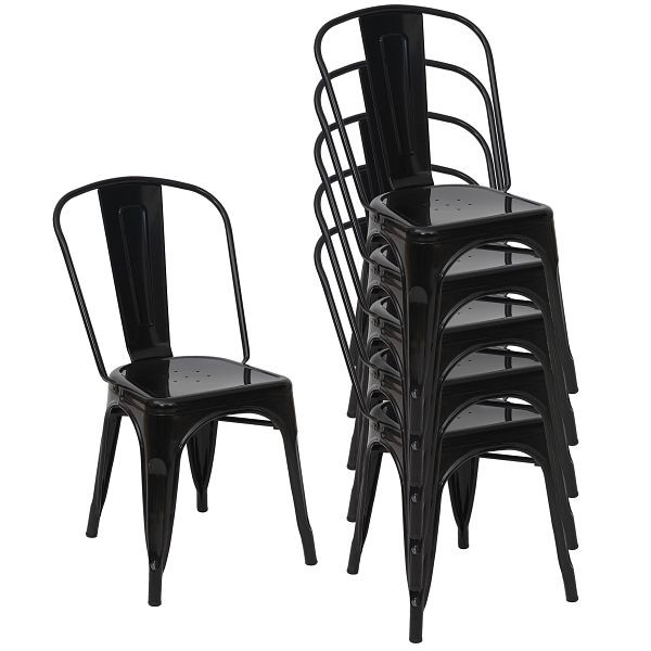 Mendler set van 6 stoelen HWC-A73, bistrostoel, stapelbaar, metaal industrieel design, zwart, 70791+70808