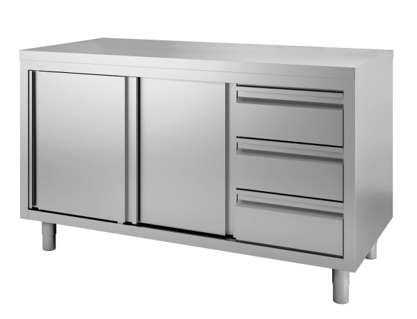 Gastro-Inox RVS werkkast met draaideuren en 3 lades, 1000(L)x600(D)x880(H)mm, 302.301