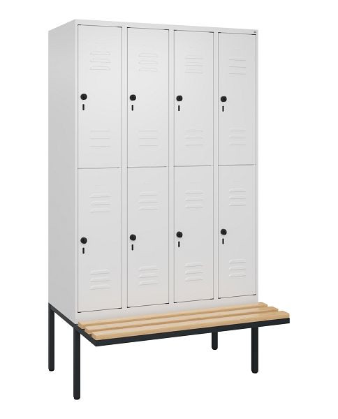 C+P Doppelstöckiger Spind Classic PLUS, 4 Abteile, 2120x1200x815mm, 9016/9016, Drehriegel, Sitzleisten aus Buche, schwebende Sitzfläche, 0803407-40 S10014