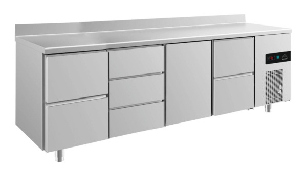 A&S Polarny koeltafel -2 tot +8°C met deur midden rechts, 2x twee laden en drie laden midden links, 2330 x 700 x 850 mm, met opstaande rand, KT4ZDTZA