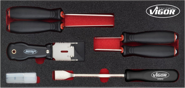 VIGOR schraperset, aantal gereedschappen: 16, 2K zachtschuiminleg, inlegmaten / lademaat: S (188 x 393 x 35 mm), V5017