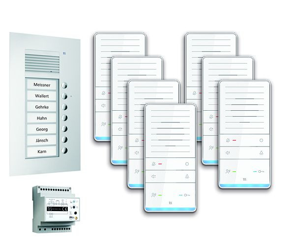 TCS deurbediening audio: pack UP voor 7 wooneenheden, met buitenstation PUK 7 belknoppen, 7x handsfree luidspreker ISW5031, bedieningseenheid BVS20, PAUF071 / 001