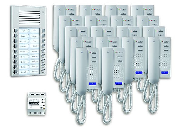 TCS deurbediening audio: pack AP voor 18 wooneenheden, met buitenpost PES 18 belknoppen, 18x deurtelefoon ISH3030, bedieningseenheid BVS20, PPA18-EN/02