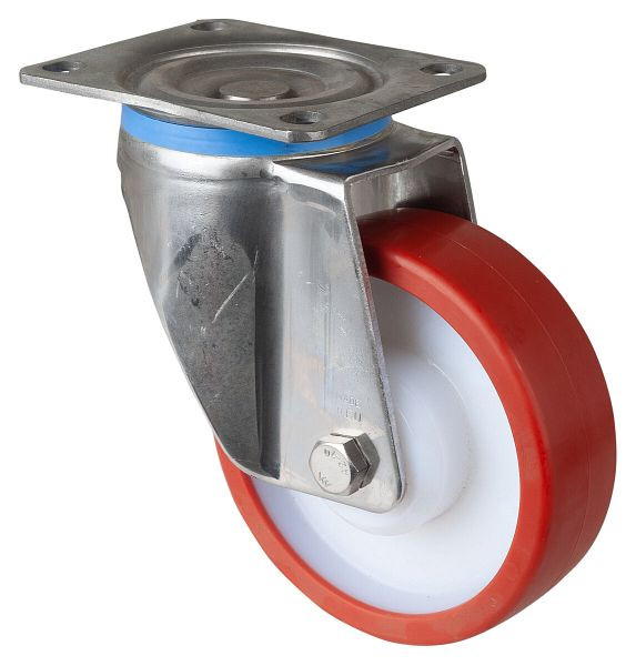 BS rollen RVS zwaarlastwiel zwenkwiel, RVS, wiel rood polyurethaan, glijlager, schroefplaat, diameter 150 mm, HS100.B27.151