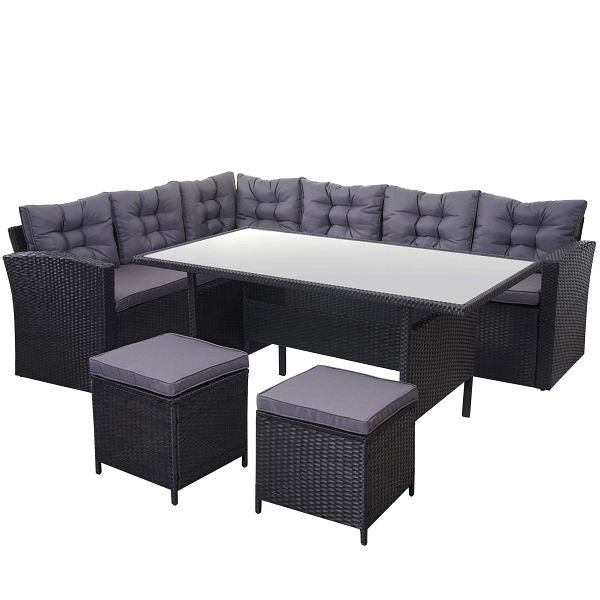 Mendler poly rotan set HWC-A29, tuinset, lounge eettafel set, zwart, donkergrijze kussens, met 2x krukken, 64392+64393