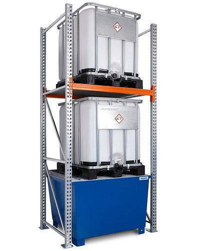 DENIOS palletstelling voor gevaarlijke stoffen, basisveld, 2 opslagniveaus, gelakte opvangbak, 1600 x 1300 x 3300 mm, 305414