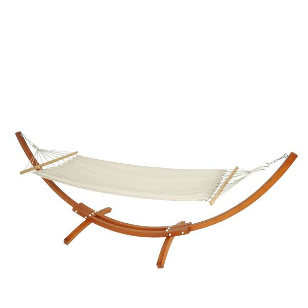 Mendler hangmat met frame HWC-J46, hangende schommel, tot 200kg houten frame 320cm, bruin, mat cremewit, 80662