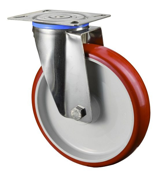 BS rollen RVS transportrol, breedte 45 mm, Ø200 mm, tot 200 kg, loopvlak polyurethaan rood, wiellichaam kunststof, glijlager, plaat, H100.B26.200