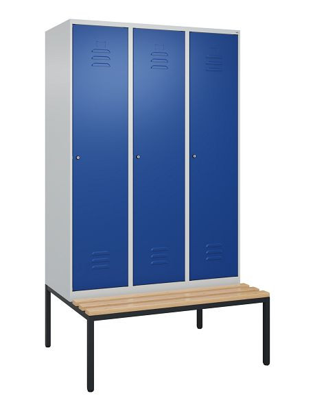 C+P luierkastje Classic PLUS met middenwand, bank, 3 vakken, 2120x1200x815mm, 7035/5010, cilindersloten, beukenhouten zitlatten, 0800507-32F S10047