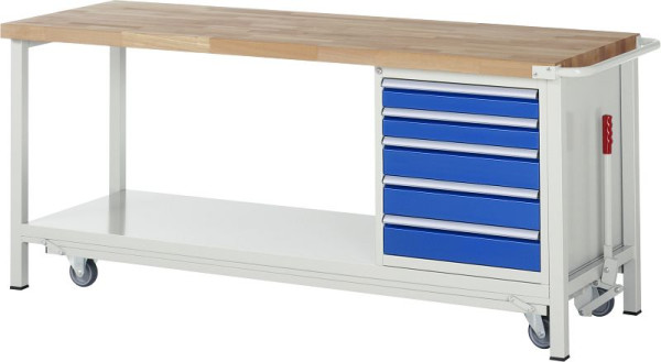RAU werkbank met neerlaatbaar onderstel serie 8000, 5x lade, legbord, 2000x880x700 mm, 05-8171A6-207B4F.11