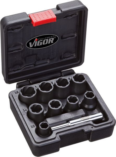 VIGOR bitset voor spiraalgroef-extractor, hol vierkant 12,5 mm (1/2 inch), buitenschroef-extractorprofiel, aantal gereedschappen: 10, V2404
