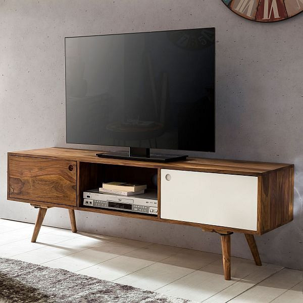 Wohnling TV-lowboard REPA 140 cm massief hout sheesham landhuis 2 deuren & compartiment, bruin/wit 4 poten, WL1.974