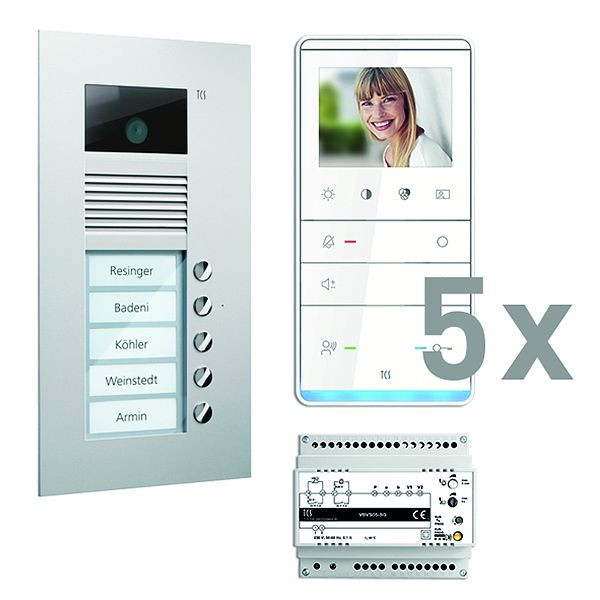 TCS deurbediening video: pack UP voor 5 wooneenheden, met voordeurstation AVU 5 belknoppen, 5x video handsfree luidspreker IVW5111, bediening, PVU17050-0010
