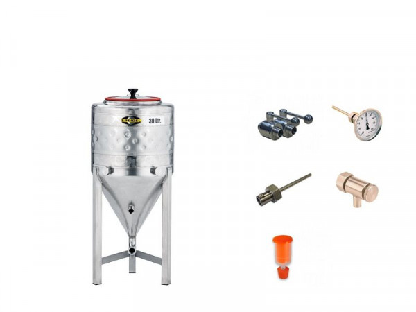 Speidel set roestvrijstalen kegel fermentatietank 30 liter met kogelkraan, inschroefmof, thermometer, testklep, fermentatieplug en stop, 45605-ZKG