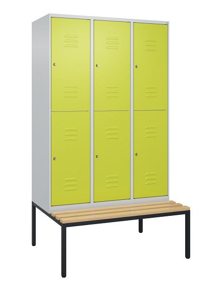 C+P dubbeldekkerkast Classic PLUS, 3 vakken, 2120x1200x815mm, 7035/0024, cilindersloten, beukenhouten zitlat, bank, 0803507-32 S10100