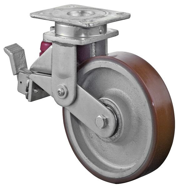 BS-wielen Veerbelaste zwaarlastwielen met rem, breedte 50 mm, Ø200 mm, tot 600 kg, polyurethaan gegoten 95 Shore A, gegoten lichaam, kogellagers, T120.C10.200