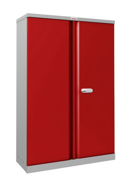 Phoenix SCL-serie stalen opbergkast met 2 deuren en 3 planken, grijze behuizing en rode deuren met elektronisch slot, SCL1491GRE