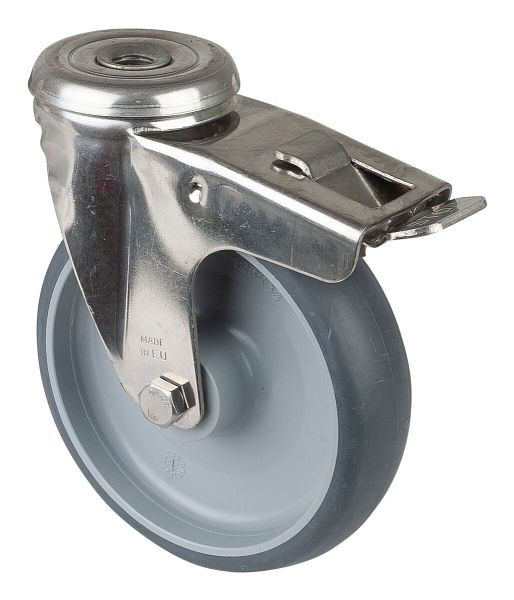BS rollen RVS transportrol met rem, B35 mm, Ø125 mm, tot 100 kg, thermoplast grijze banden, glijlagers, H121.B43.125