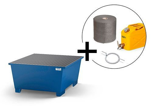DENIOS classic-line set bestaande uit 1 IBC stalen opvangbak, geverfd, bindvliesrol, IBC dekselopener DN150 en jerrycan, 276661