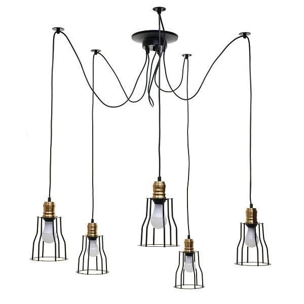 Mendler hanglamp HWC-H81, hanglamp hanglamp, industrieel metaal in hoogte verstelbaar zwart, 5x kooi lampenkap, 74190