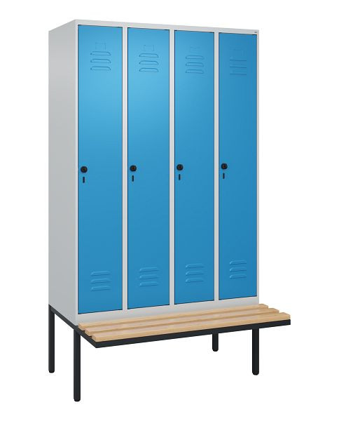 C+P Umkleidespind Classic PLUS, 4 Abteile, 2120x1200x815mm, 7035/5012, Drehriegel, Buche-Sitzleisten, je 2 Doppel-Haken, 0800407-40F S10004