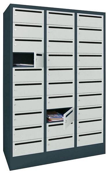 Pavoy Schließfachschrank mit Sockel 1850/500/900, 3b x 10h, Zylinderschloss, Abteilbreite 300, Briefschlitz 20 mm, 61265-303-441-910