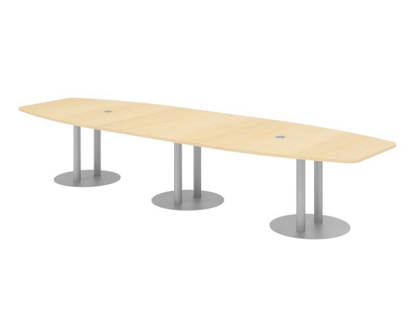Hammerbacher vergadertafel KT40S, 400 x 130 cm, blad: esdoorn, 25 mm dik, met drie zilveren kolompoten, 7,6/70 cm, werkhoogte 74 cm, VKT40S/3/S