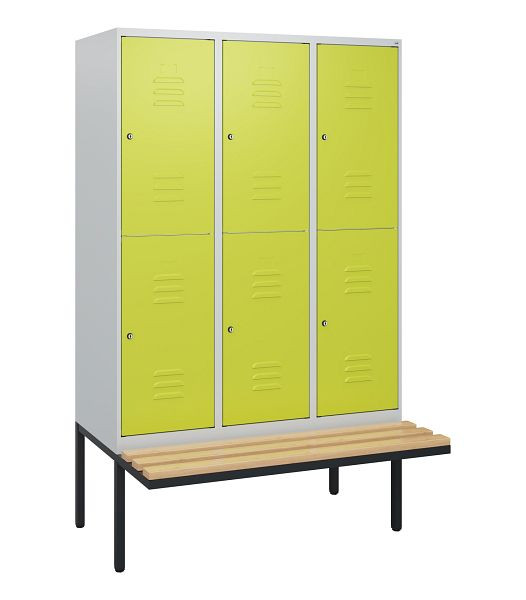 C+P dubbeldekskast Classic PLUS, 3 compartimenten, 1950x1200x815mm, 7035/0024, cilindersloten, beukenhouten zitlatten, zitting, 0803405-32 S10040