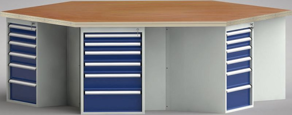 KLW standaard werkbank in zeshoekige vorm met beuken multiplex blad in zeshoekige vorm 2338 x 2700 x 45 mm L x B x S, WS620N-1350M40-E8003