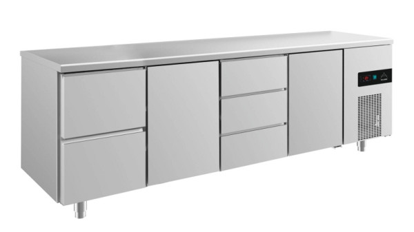 A&S Polarny koeltafel -2 tot +8°C met 2x deuren, 1x twee laden links en 1x drie laden midden rechts, 2330 x 700 x 850 mm, KT4ZTDT