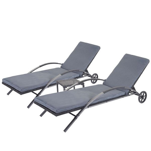 Mendler set van 2 ligstoelen HWC-E27, relaxligstoel, tuinligstoel, polyrotan, zwart, donkergrijze kussens, 65284
